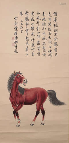 CHINESE SCROLL PAINTING OF HORSE WITH CALLIGRAPHY