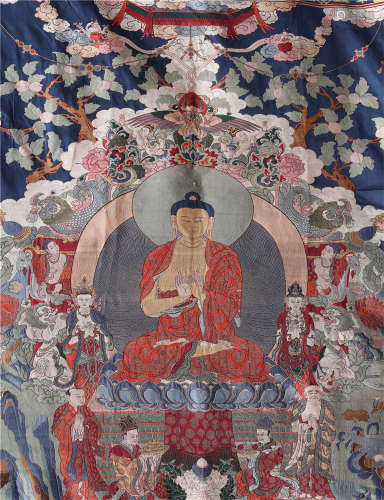 CHINESE EMBROIDERY KESI THANGKA OF SEATED BUDDHA