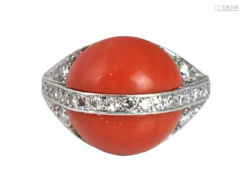 Ladies Platinum, Diamond & Coral Art Deco Ring