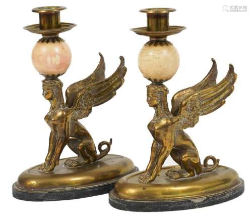 Pr. Bronze & Marble Winged Sphinx Candle Holders