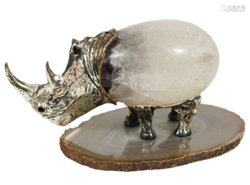 Sterling, Rock Crystal & Agate Rhino Figurine