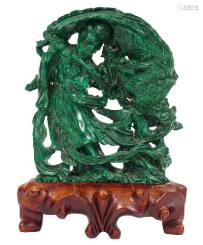 Chinese Carved Malachite Figure on Wood Plinth