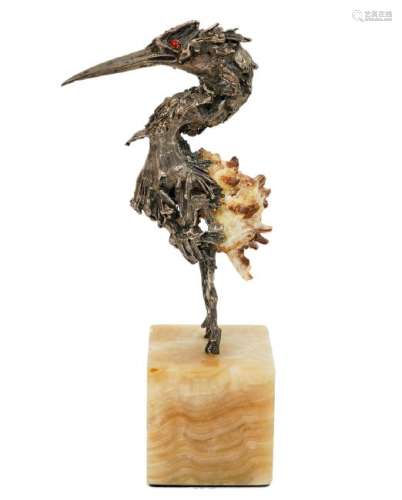 Silver Crane Figure w/ Onyx Base