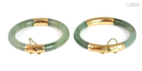 Two Jade 14kt Gold Chinese Bangle Bracelets Ming's