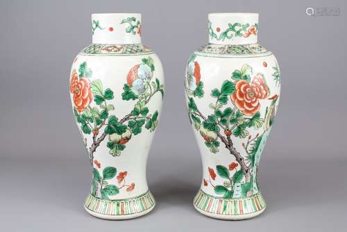 A Pair of Chinese 19th Century Famille Vert Vases; approx 31 cms h, hand painted with birds amongst tree peony