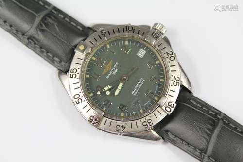 A Gentleman's Breitling Wrist Watch; the watch having grey face with numeric dial, date aperture, on a leather Alligator embossed strap, no box or papers