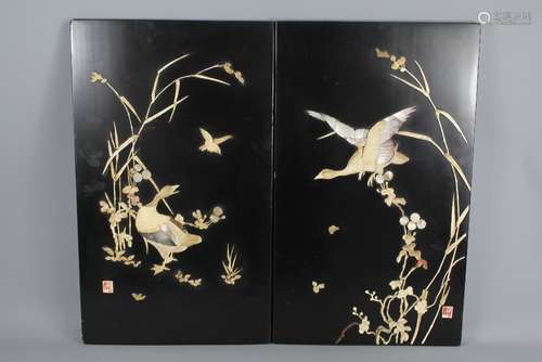 19th Century Shibayama Panels, depicting geese, in mother of pearl and bone, approx 37 w x 60 h