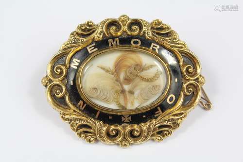 Antique 9ct Gold and Black Enamel Mourning Brooch, inscribed 'In Memory Of' 1862, approx 50 x 40 mm, approx 23 gms