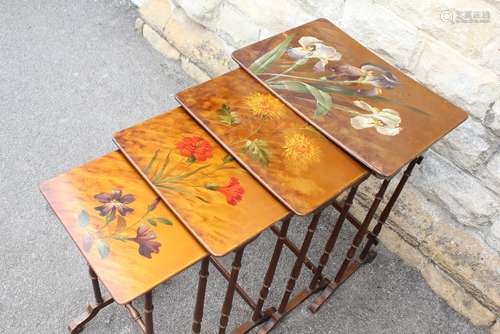 Antique Hand Painted Nest of Tables, the tables painted with Iris blooms, approx   cms