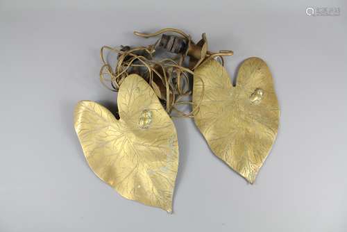 A Pair of Charming Brass Wall Lights, modelled as a frog upon a lily-leaf