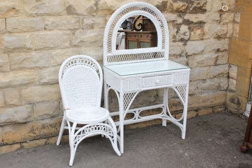 A White Wicker Dressing Table, with mirror and central drawers and matching chair