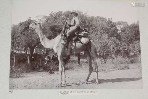 Four Sepia Photographs of Anglo-Indian Military; depicting military manoeuvres ' Gun Coming into Action in an awkward Position' nr 113, 'Officer of the Camel Corps' (Captain Walker) nr 127 photographed by Rajhdeen Dayal, a group of 'Indian Cadets in Camp' nr 344 approx 29 w x 20 h cms and a 'Mounted Cadet in full Uniform' nr 358