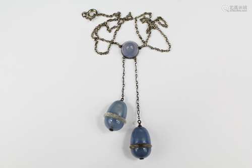 Metal Art Deco Blue Agate/Rock Crystal and Cut-Glass Drop Pendant