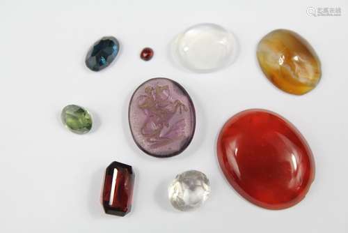 Miscellaneous Semi-Precious Stones, amethyst seal depicting a mounted knight, garnet, green topaz, moonstone, agate, green sapphire, carnelian