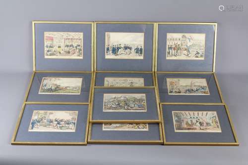 After Charles Williams Ten Hand-coloured Naval Caricature Prints; the prints originally from a series of 'The Adventures of Johnny Newcombe', a new recruit and his exploits, approx 20 x 14 cms, framed and glazed