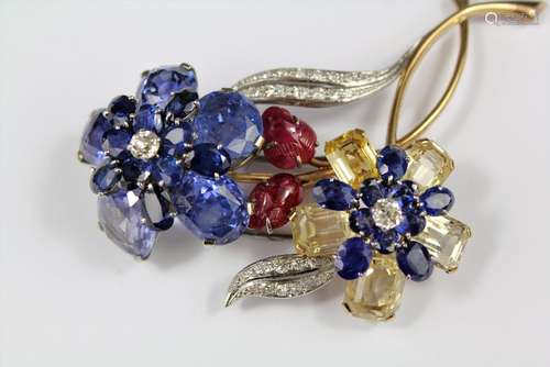 Stunning 14ct Gold and Platinum Natural Colour-Change Sapphire Floral Spray Brooch