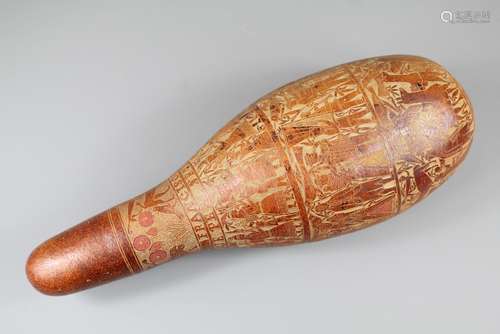 Circa 1930's Francisco Gardenas Hand-carved Peruvian Gourd, engraved with scenes of Peruvian history and domestic life, approx 41 cms