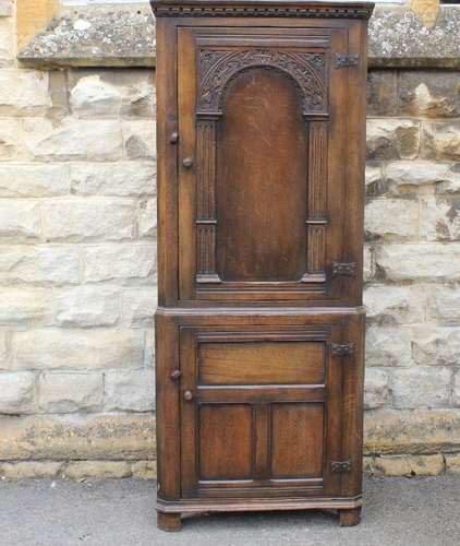 Antique Oak Corner Cupboard, approx 75 w x 180 h, with two cupboards top and bottom