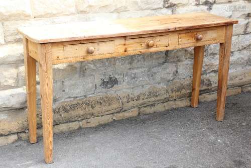 A Vintage Scrubbed Pine Sideboard, with three drawers, approx 170 l x 45 w cms, together with a small pine bench, approx 120 l x 48 w