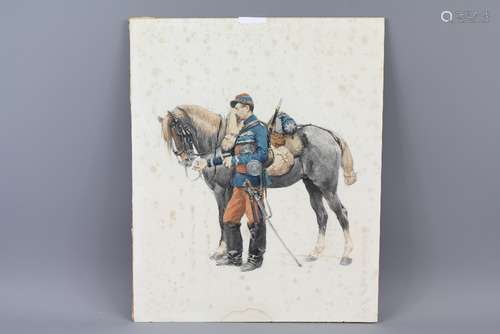 Three Original Watercolours, depicting military personnel, including a 'Punjabi Cavalry Officer', English Cavalry Officer (unframed) and a Punjabi Foot Soldier, two others are framed and glazed together with a coloured print entitled 'Portraits 2nd Punjab Cavalry published by Rudolph Ackermann at The Eclipse Sporting Gallery, framed and glazed