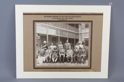 An Indian Photograph of a Group Portrait, featuring The Opening of the Camp Education Society's Raja Dhunrajgirji High School Building 11th September 1934, approx 28 w x 23