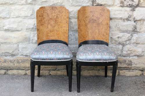 A Pair of Art Deco Walnut and Ebonized Chairs, approx 95 cms h