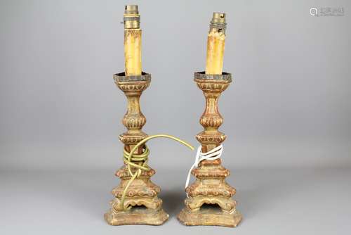 A Pair of Antique French Altar Candles, converted for electricity, approx 40 cms h