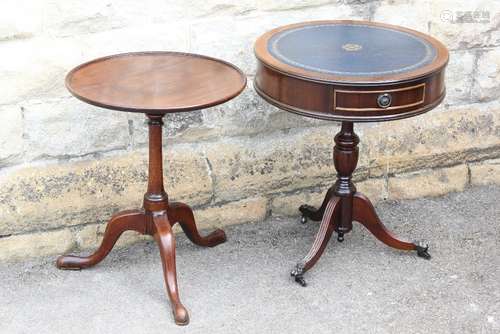 A Reproduction Miniature Drum Table, with tooled leather top, together with a mahogany occasional table