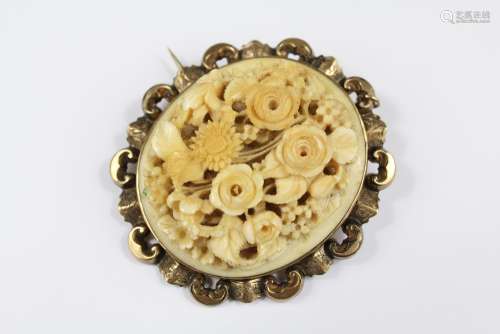 Antique 9ct Gold Ivory Carved Floral Brooch, the floral brooch intricately carved in relief, approx 50 x 42 mm approx 20 gms