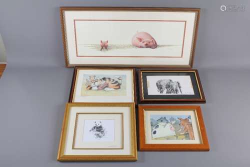 A Set of Five Comic Prints of Animals; (1)  Warwick Higgs, A Sow keeping a watchful eye on her piglet, signed lower right, approx 57 x 20 cms; (2) GW 2000, water-colour entitled 