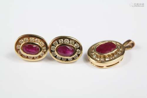 A 9ct Gold Ruby and Diamond Earring and Pendant Set