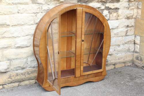 An Art Deco Walnut Display Cabinet, of glaze-fronted circular design, approx 120 w x 140 h