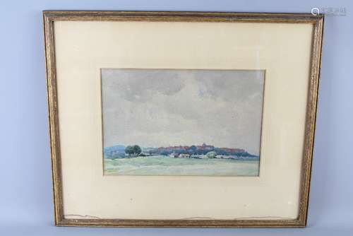 Geoffrey Stuart Watson (Australia)  (1921-1998) Watercolour; the painting depicting a village in the distance, approx 24 x 34 cms, framed and glazed