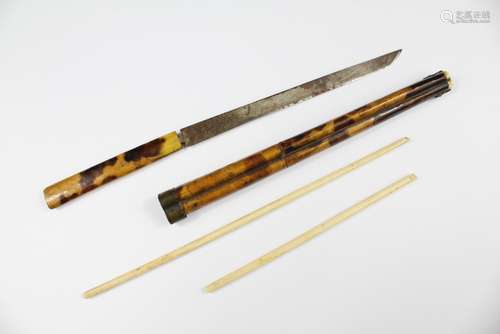 A Pair of Antique Chinese Chop Sticks and Knife, tortoiseshell case