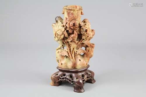 A Chinese Soapstone Carved Vase; the vase depicting a bird and blossoms, approx 19 cms h including stand,