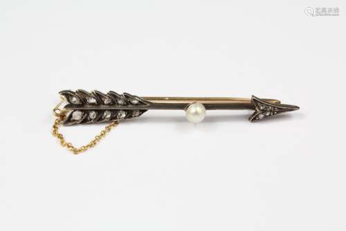 Antique 14 ct Gold Rose-Cut Diamond and Pearl Cupids Arrow Brooch