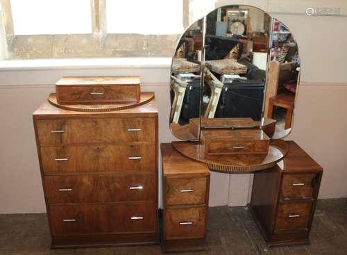 An Art Deco Walnut Dressing Table, approx 104 x 148 x 45 cms together with a matching chest of drawers, approx 73 x 43 x 97h cms