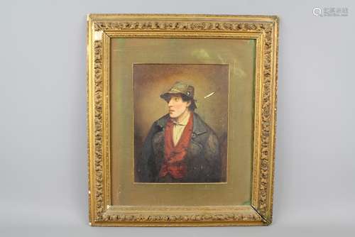 A Water-colour Portrait Painting of a Peasant; the painting's signature very indistinct, the subject wears a red waistcoat and heavy overcoat and hat with a pipe, approx 20 x 24 cms, framed