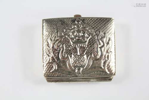 A Silver Pill Box, the box having embossed with a Scottish Coat of Arms, approx 3