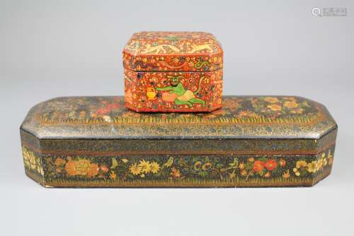 Two Kajar Persian Lacquer Boxes; approx 25 x 11 x 5 cms