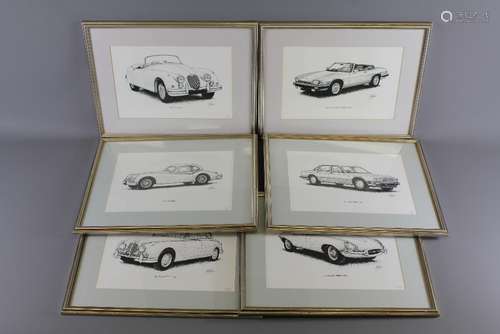 Six Mid 20th Century Black and White Limited Edition Prints, depicting various Jaguar sports cars, MKII 2