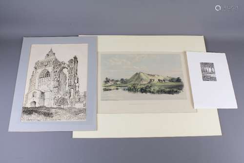 Folio of 19th Century Prints, including Alpine scenes, etching after a painting by Feniers, Yarmouth Priory, Walsingham Abbey Gate, South Birlingham Church, Daniel Peacock etching circa 1830's, Cranfield Abbey Priory, together three train-related colour prints together with a scrapbook of etchings