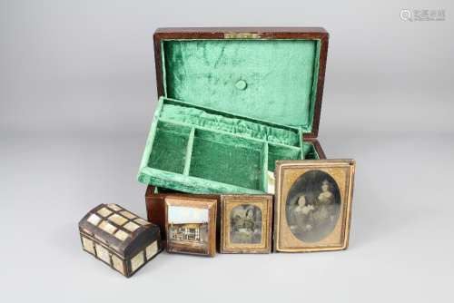 Antique Chinese Tortoiseshell and Mother of Pearl Casket, together with a small quantity of Chinese mother of pearl counters, two antique Roman coins the first a Flavius Valerius Crispus coin the other a unidentified together with two daguerreotypes with attractive reverse glass painted cases in a mahogany jewellery box