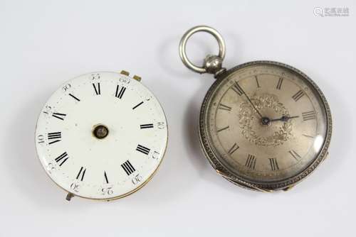 A Lady's Antique Continental Silver Pocket Watch;  the watch having a silver face with Roman dial, the inner dust cover engraved 'Cirencester', together with a fusee watch movement by Wightwick, London nr 1908