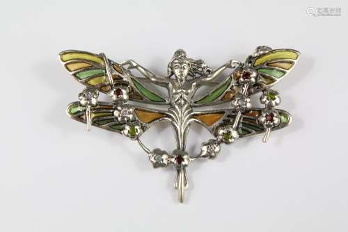 A Silver and Plique-a-Jour Brooch; the brooch in the form of a winged nymph, approx 7 w x 4