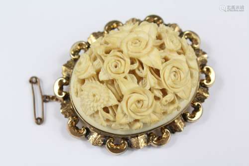 Antique 9ct Gold Ivory Carved Floral Brooch, the floral brooch intricately carved in relief, approx 24
