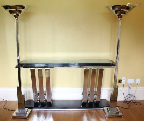 An Art Deco-style Chrome and Black Console Table, approx 180 w x 40 d x 88 h