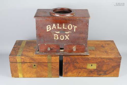 A Vintage Mahogany Ballot Box, together with two writing slopes with the original ink bottles