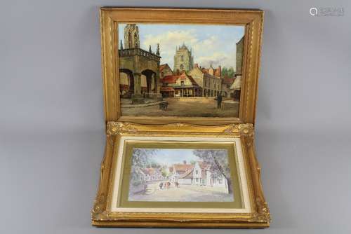 Artist Unknown -Oil on Board, depicting a Village Square, approx 45 x 35 cms, framed together with another peaceful watercolour depicting a village signed H