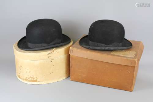 A Vintage Moores London Bowler Hat, elasticated fitting 71/8, together with a vintage Harrods of London Bowler Hat size 67/8 both contained in the original purchase boxes